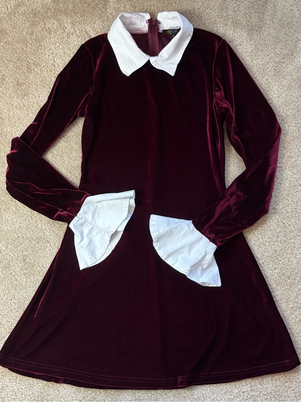 dELiA*s Burgundy Velvet Dress with White Collar and Ruffled Cuffs